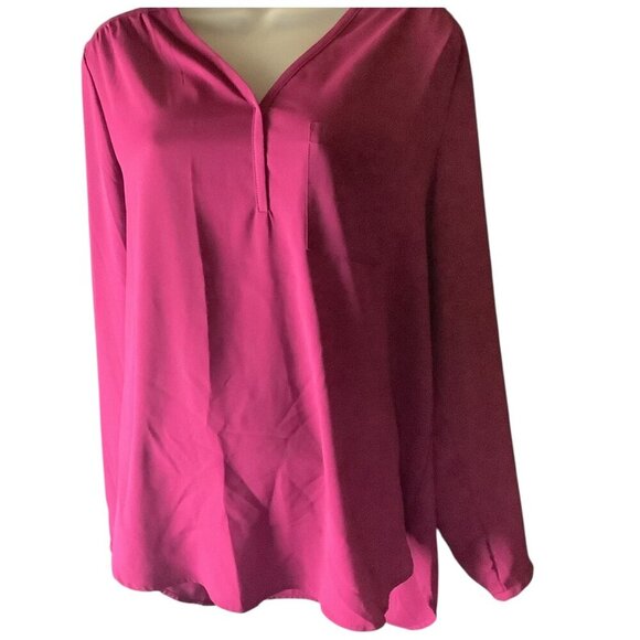 Pleione Womens' Long Sleeve Blouse Size L Magenta Polyester V-Neck Front Pocket - Picture 12 of 14
